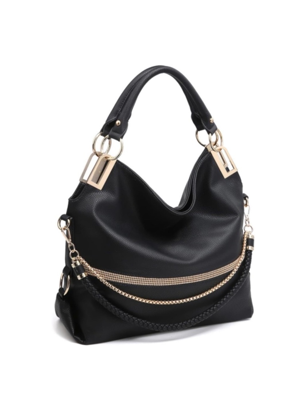 Classic Black Hobo Tote with Gold Chain Detail